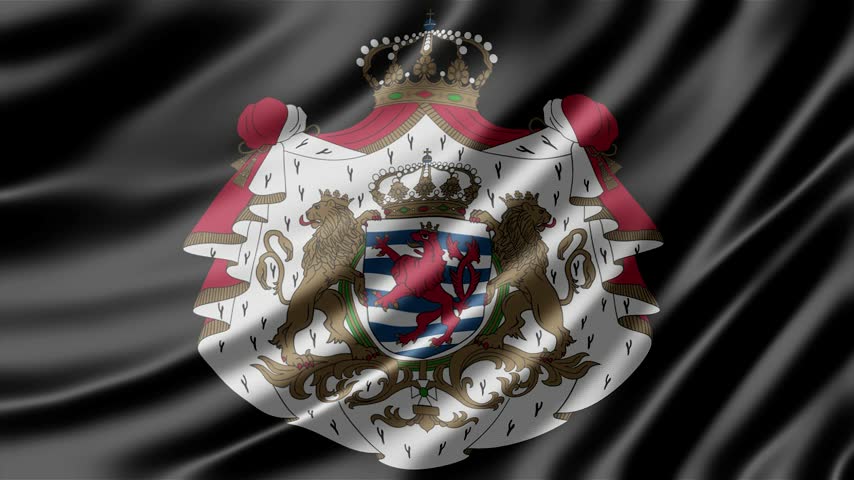 Luxembourg grand ducal coat of arms features a majestic red lion displayed prominently on a waving black silk flag that creates an elegant and fluid motion animation effect which is perfect for historical presentations or high quality national displays of sovereign pride.