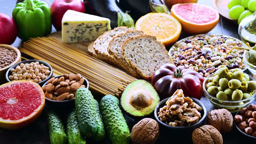 Food products representing the Mediterranean diet.