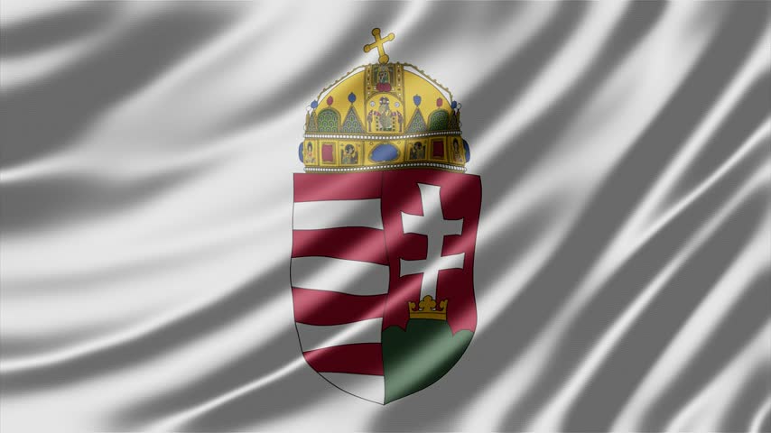 Hungary coat of arms displayed prominently on a realistic waving white silk textile material creating a smooth flowing motion effect in this high quality digital video footage that captures the elegant and patriotic spirit of the national symbol in a dynamic way.