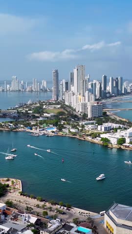 Cartagena Skyline At Cartagena De India In Bolivar Colombia. Caribbean Cityscape. Downtown Background. Cartagena De India At Bolivar Colombia. Tourism Landscape. Walled City Landmark.
