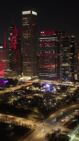 Night Chicago Skyline At Chicago In Illinois United States. Illuminated Downtown. City At Night Landscape. Chicago At Illinois United States. Chicago City District. City Skyline Scene.