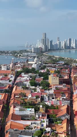 Historical City At Cartagena De Indias In Bolivar Colombia. Caribbean Seascape. Downtown City. Cartagena De Indias At Bolivar Colombia. Highrise Buildings Landscape. Cityscape Landmark.