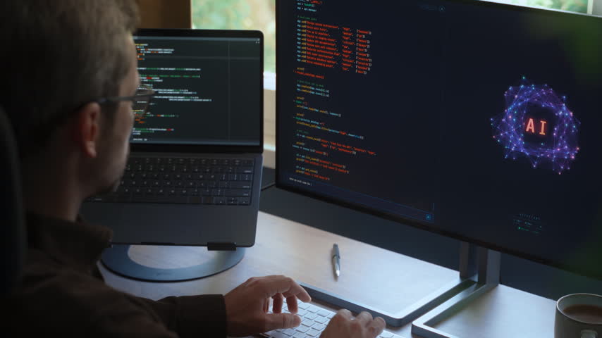 Focused coder using AI assistant to write programing code on computer at desk with dual screens, boosting productivity and automation with artificial intelligence agents and AI chatbots. Copy space