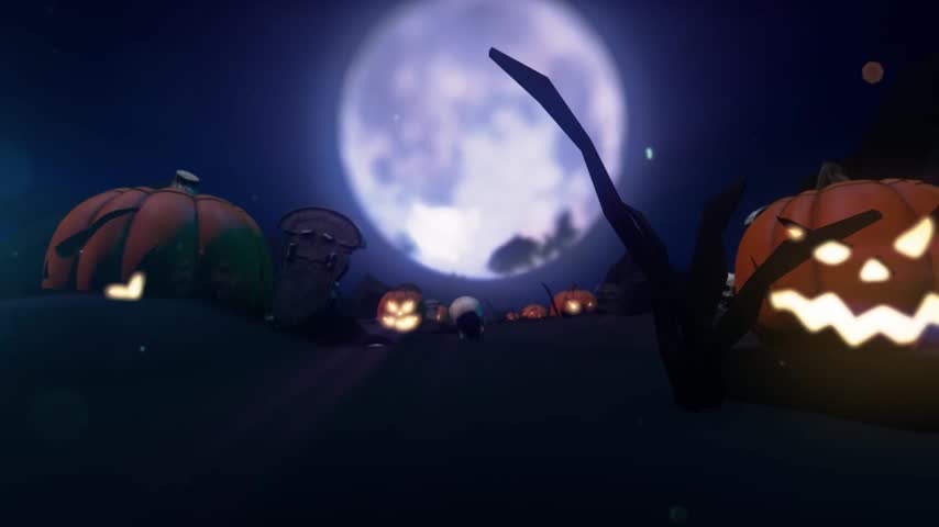Creepy Halloween night scene with glowing jack-o-lanterns skulls and tombstones under a full moon light.