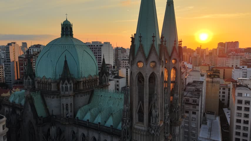 Aerial view of Sé Cathedral, in Sé Square, in the historic center of São Paulo, Brazil