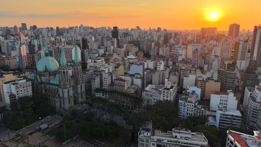 Aerial view of Sé Cathedral, in Sé Square, in the historic center of São Paulo, Brazil