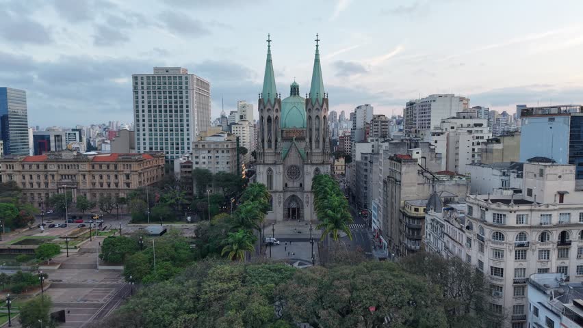 Aerial view of Sé Cathedral, in Sé Square, in the historic center of São Paulo, Brazil