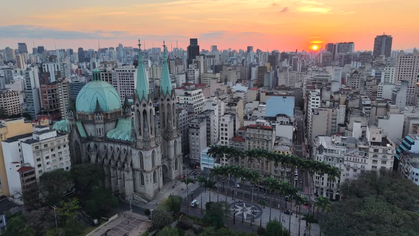 Aerial view of Sé Cathedral, in Sé Square, in the historic center of São Paulo, Brazil