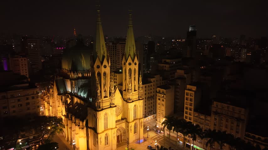Aerial view of Sé Cathedral, in Sé Square, in the historic center of São Paulo, Brazil