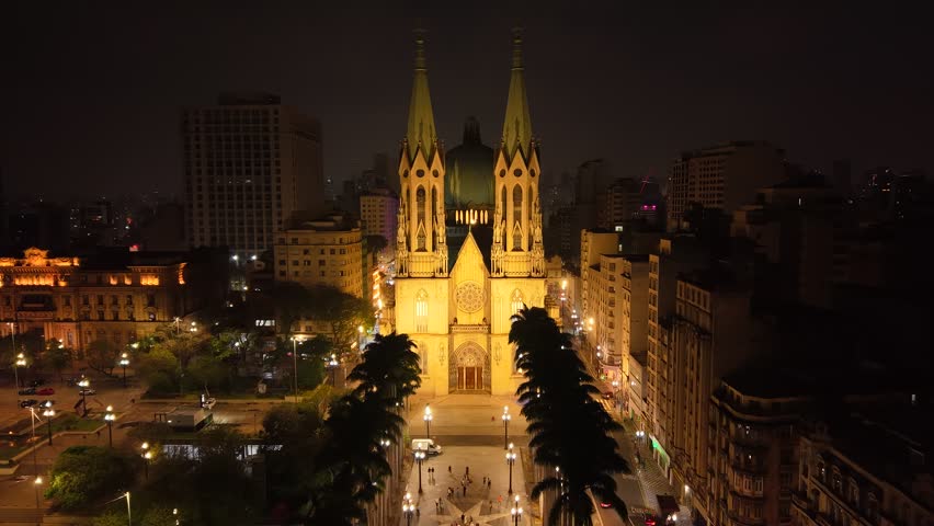 Aerial view of Sé Cathedral, in Sé Square, in the historic center of São Paulo, Brazil
