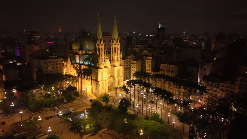 Aerial view of Sé Cathedral, in Sé Square, in the historic center of São Paulo, Brazil
