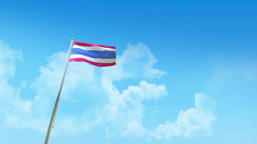 Thailand Flag 3D Render Animation on Pole with Blue Sky and Clouds – Low Angle View
