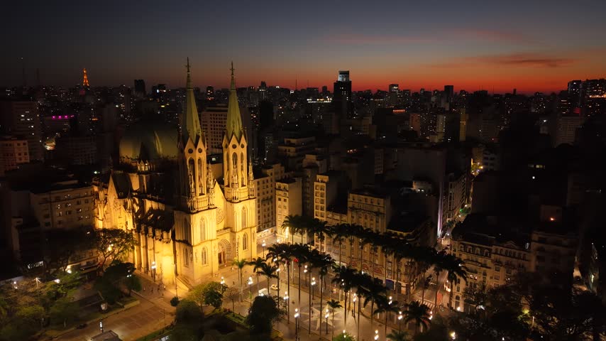 Aerial view of Sé Cathedral, in Sé Square, in the historic center of São Paulo, Brazil