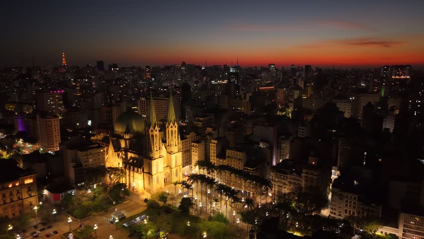 Aerial view of Sé Cathedral, in Sé Square, in the historic center of São Paulo, Brazil