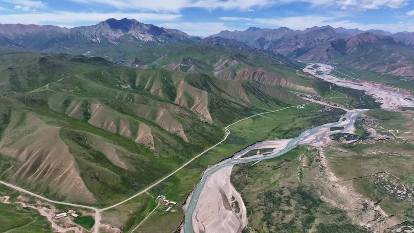 Aerial View of Braided River Valley in Qilian Mountain National Park, China