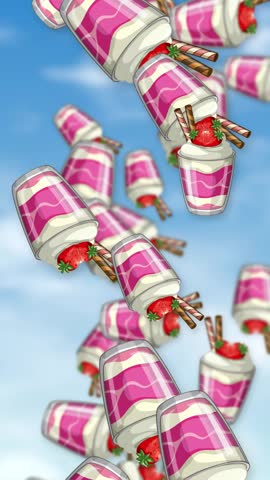 Animated strawberry dessert cups with wafer sticks falling through a bright blue cloudy sky.