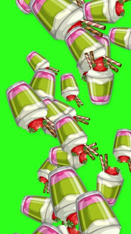 Animated strawberry yogurt cups with wafer sticks falling against a vibrant green screen background.