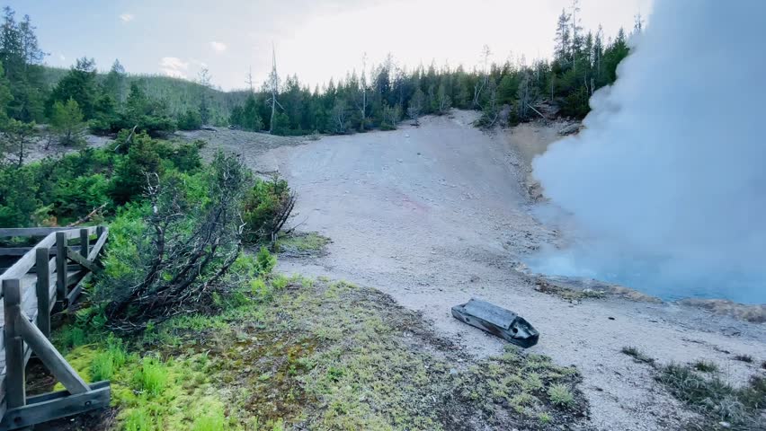 Calcite springs overlook, Scenic view of the Yellowstone River flowing through the Grand Canyon of the Yellowstone with steep cliffs and pine trees in Wyoming