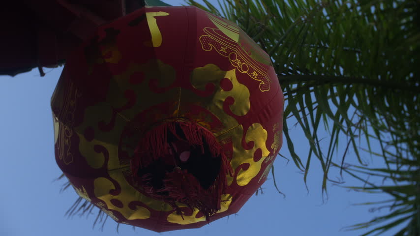 Lantern hangs beneath palm leaves in Costa Adeje, Tenerife, against a clear blue sky. Low-angle close-up shows red fabric, gold Chinese patterns, tassels, and tropical greenery