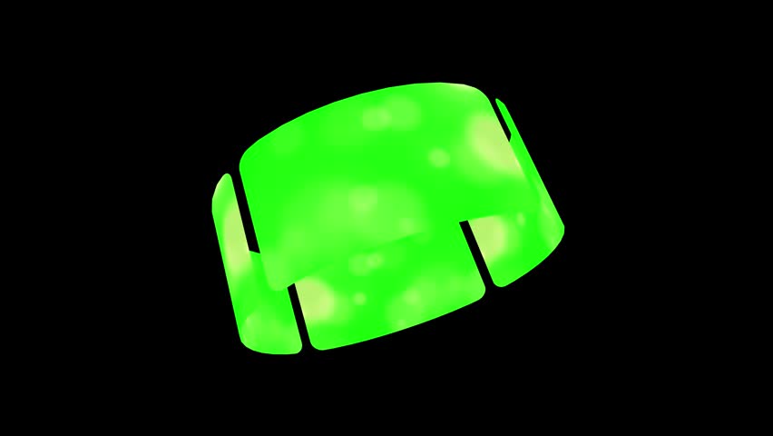 This video displays three distinct glowing green neon rings and a flat rectangular panel rotating in space against a solid black background