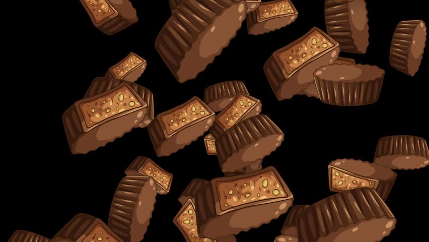 Animated chocolate peanut butter cups and candy bar pieces falling against a black background.
