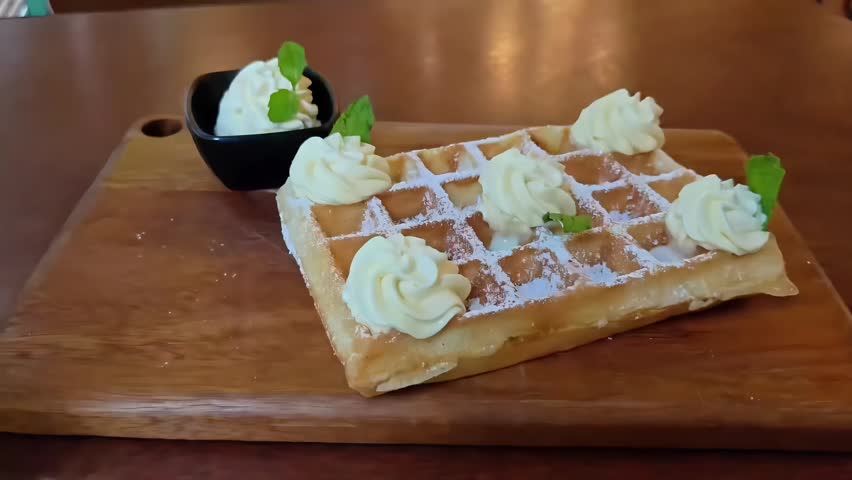 Belgian Waffle Square with butter ice cream and whipped cream, European Dessert Pastry, Crispy Confectionery, Breakfast Pancake, Cafe Brussels Bakery