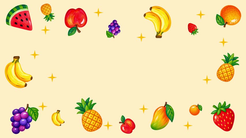 Cute hand-drawn style colorful fresh fruits frame animation with blank space background, featuring watermelon, banana, apple, grapes, strawberry, orange, pineapple, and mango elements. Perfect for summer design, children