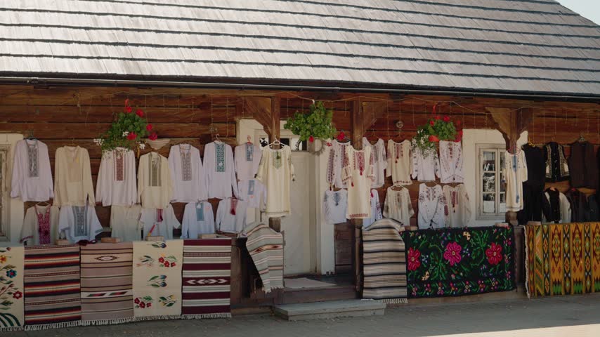 Traditional clothes hang at a stall in Bucovina. Visitors can see various designs and patterns that represent the rich culture. Local artisans showcase their craftsmanship.