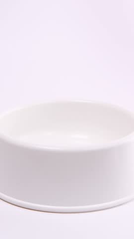 Nutritious dry pet food pouring into a white bowl, pet care advertising, animal nutrition, feeding time, balanced diet for pets.