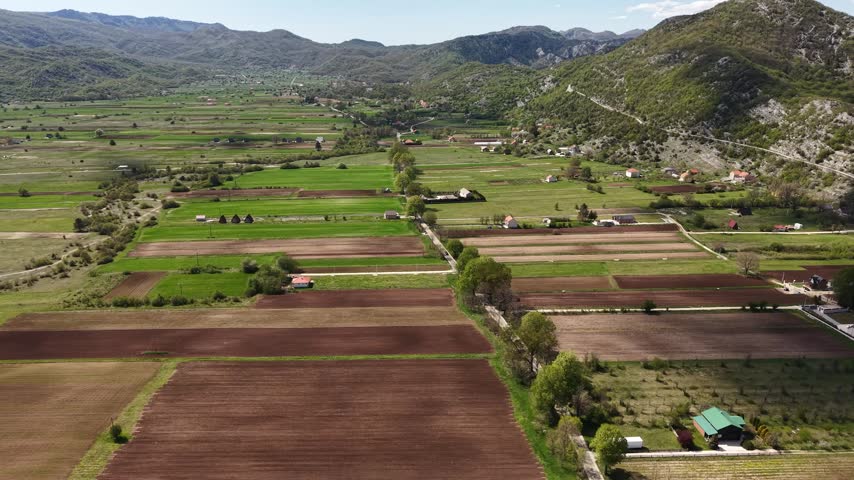 Panoramic view of cultivated farmland divided into plots, lush green meadows, and distant mountains. Beautiful countryside landscape in sunny daylight.