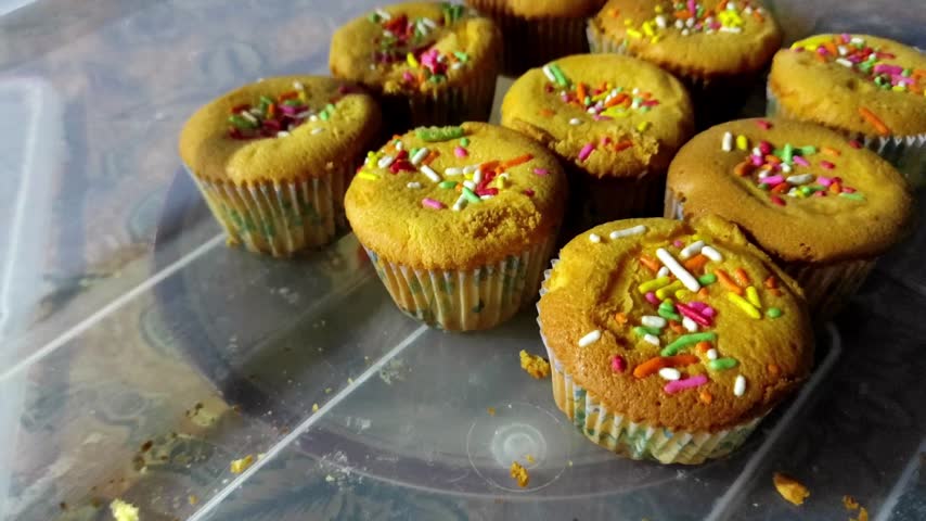 A close up shot of freshly baked homemade cupcakes decorated with colorful rainbow sprinkles on a tray.