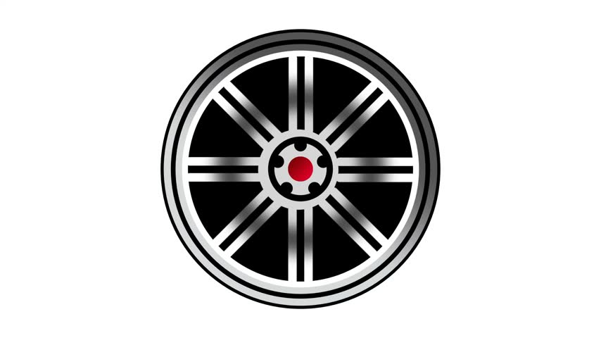 A black and white wheel rim icon featuring six thin spokes and a small red center cap sits displayed centered neatly on a plain white background image