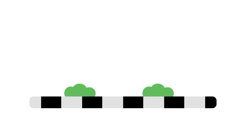 A row of small identical black tire icons is lined up evenly along a road marked with grass patches on a plain white background thumbnail photo image