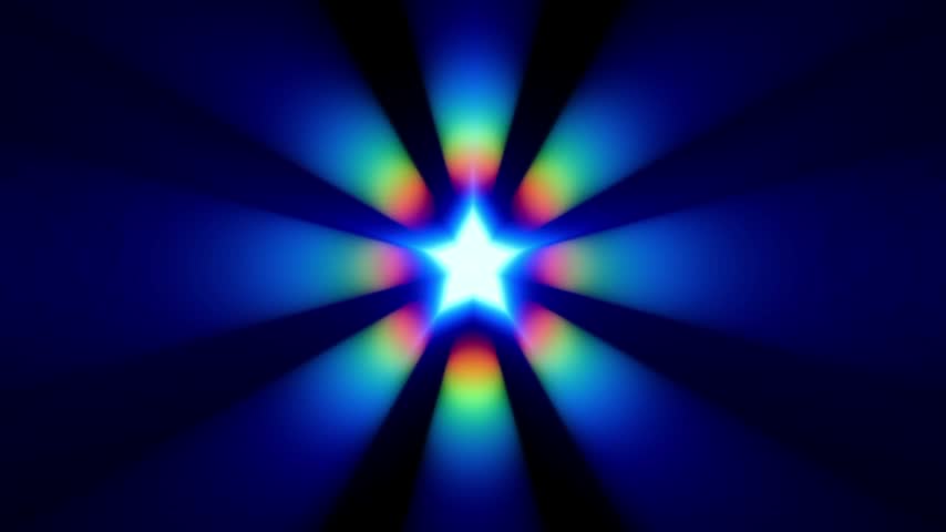 A colorful abstract starburst light flare icon glows brightly in shades of blue and rainbow tones against a deep solid black background photo image