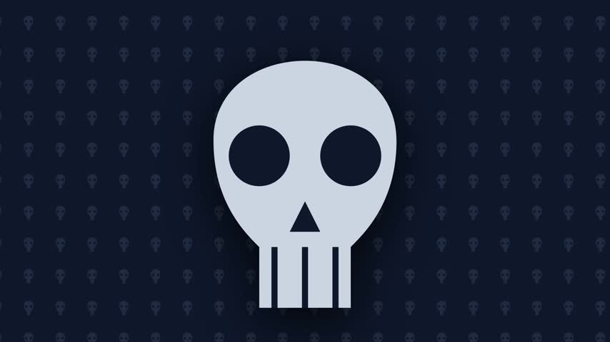 Stylized Skull Illustration on Dark Patterned Background Minimalist Spooky Graphic Animation
