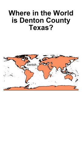 Animated map video starting with a world view and slowly zooming into Denton County, Texas, with the county highlighted to show its location within the United States.