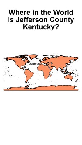 Animated map video starting with a world view and slowly zooming into Jefferson County, Kentucky, with the county highlighted to show its location within the United States.