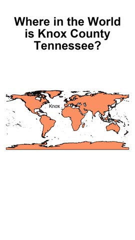 Animated map video starting with a world view and slowly zooming into Knox County, Tennessee, with the county highlighted to show its location within the United States.