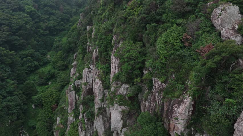 Horizontal cameo dollying forward to the left along Sanbangsan Mountain, Jeju Island, South Korea