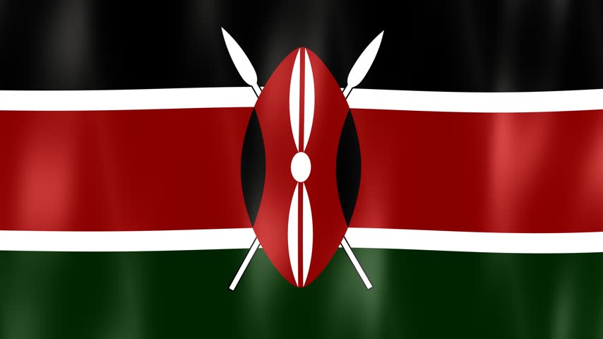 Digital graphics of the waving national flag of Kenya featuring its central shield and crossed spears