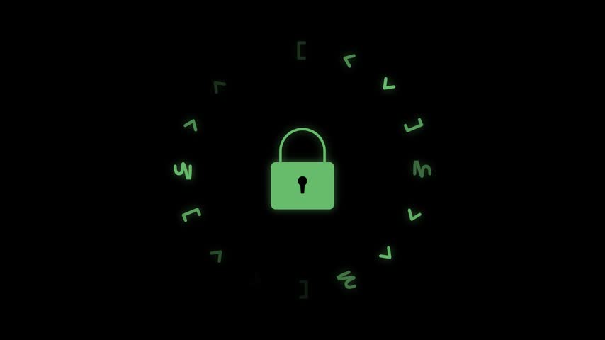 Cyber security concept with a glowing green padlock and encrypted data symbols on black background