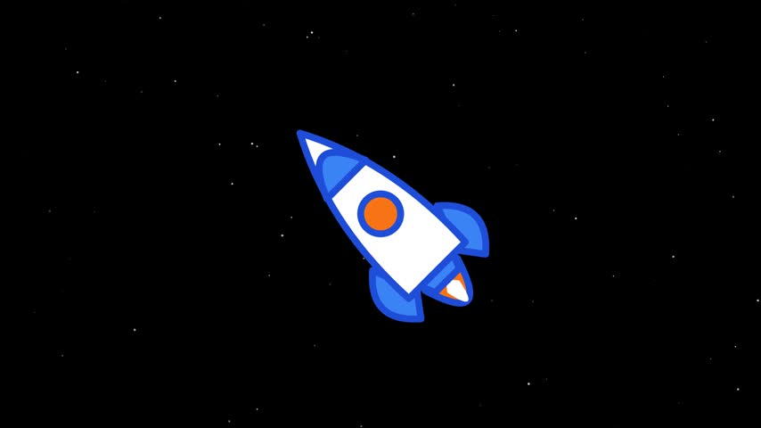 Stylized illustration of a rocket spacecraft launching into a dark starry cosmos background