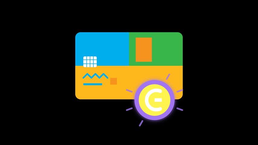 Stylized digital payment card and glowing coin icon on black background for finance concept