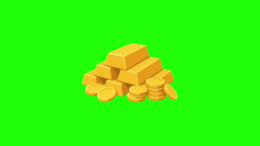 Gold stack animated sparkling gold bars and coins treasure in 4k green screen background