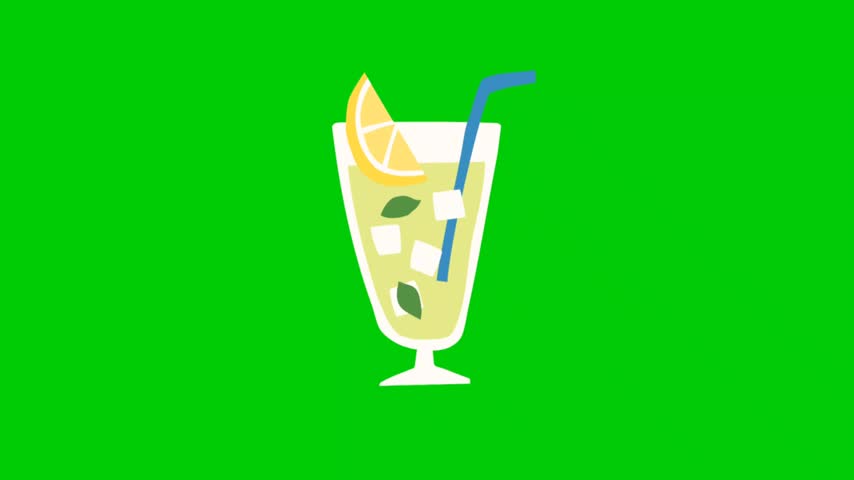A 2D animated illustration of a refreshing lemonade drink in a glass with a straw on a chroma key green background.