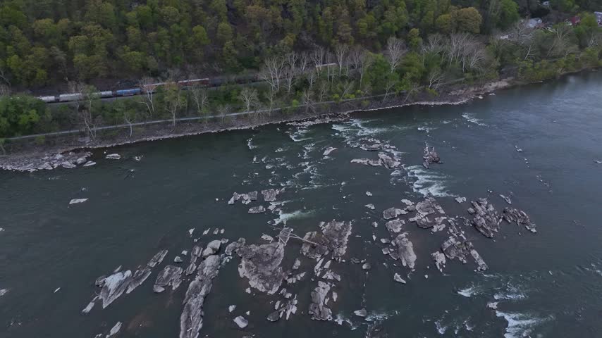 Aerial view of rocky Potomac River shoreline near Harpers Ferry in Jefferson County West Virginia