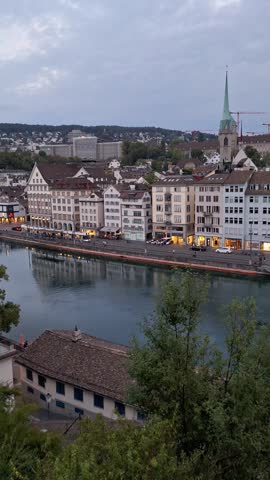 Sunset view from the old town of Zurich, Switzerland.