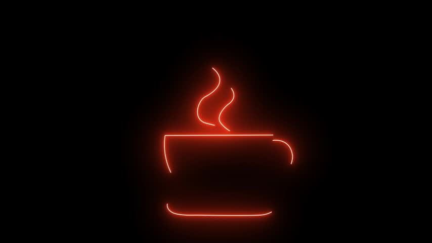 Minimal glowing orange neon line art of a steaming hot coffee cup centered on a pitch-black background.
