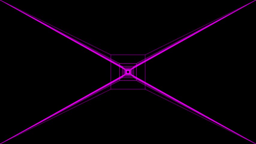 Abstract neon wireframe tunnel with flashing purple and blue lines moving through dark corridor.