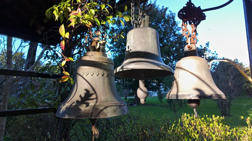 Three old weathered bronze bells hang with rusty chains in a sunny park among green foliage.